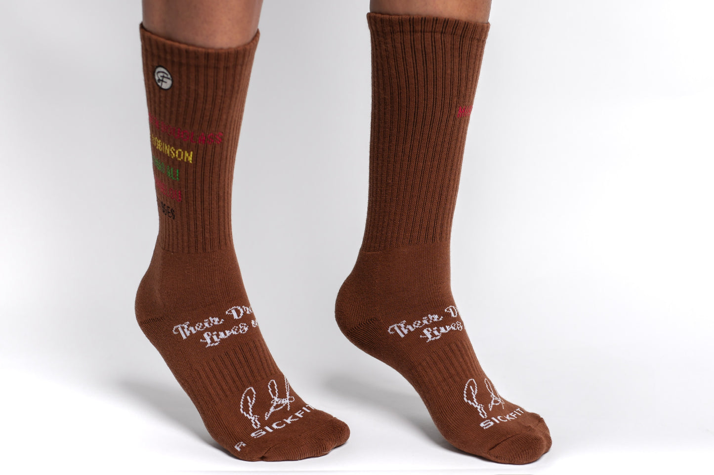 Brown crew compression socks with a list of historical black figures.
