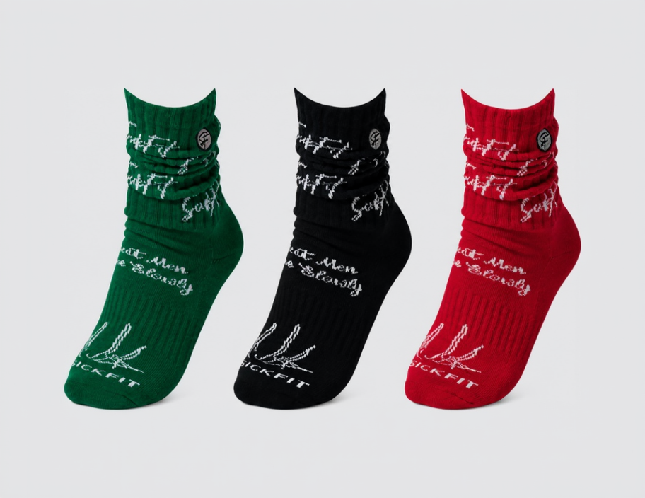 Three pairs of socks in green, black, and red with text on a white background