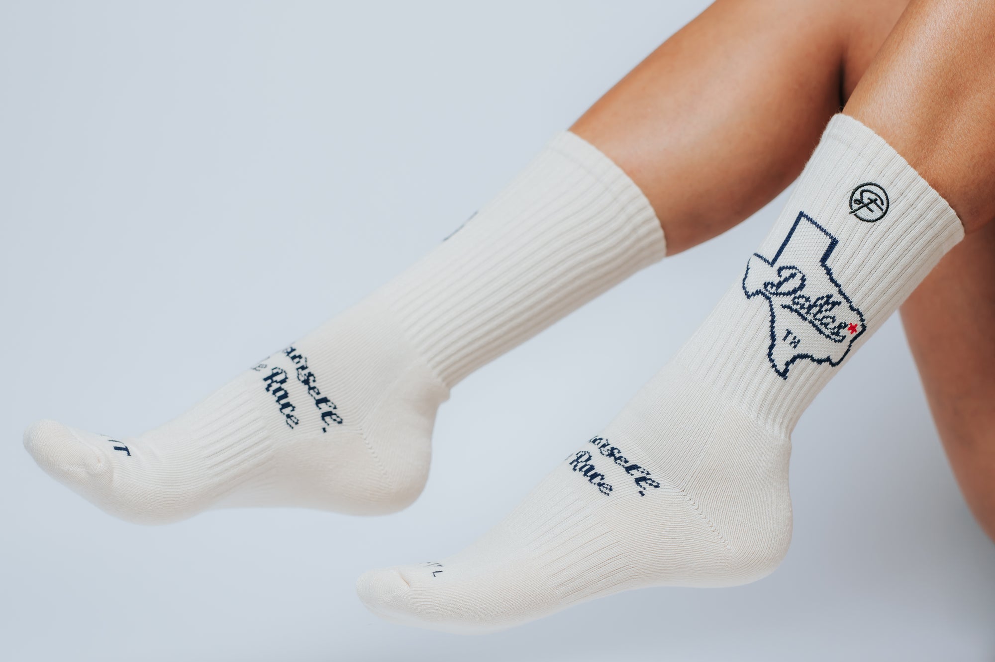 Creme crew compression socks with state of texas and text design