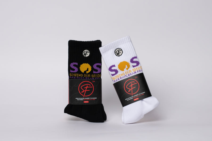 Two pairs of collab socks with logos and text on a light gray background