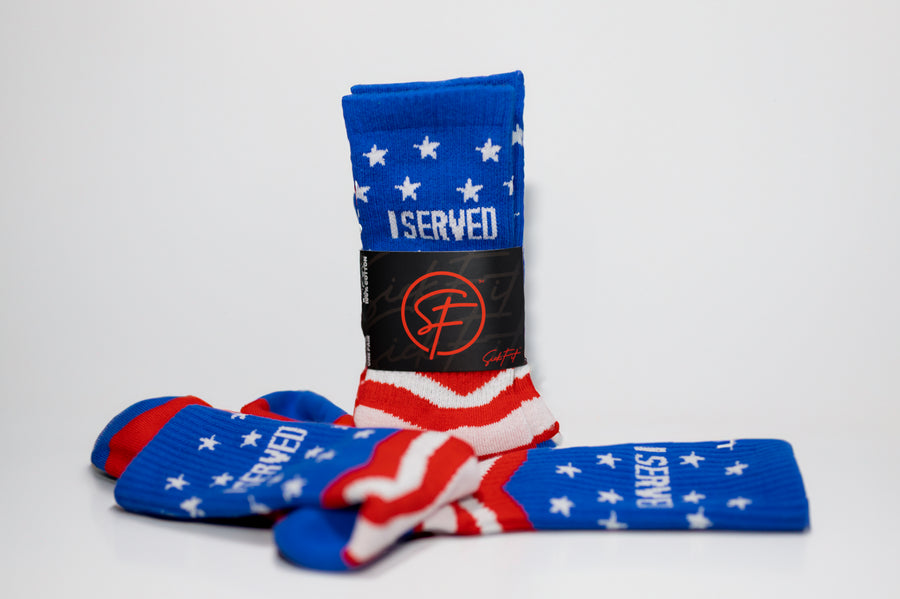American colored Sickfit crew compression socks with white text.
