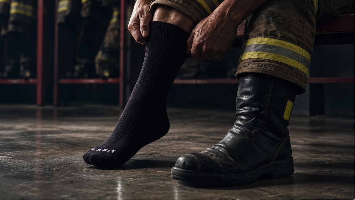A close-up lifestyle shot of a firefighter sitting on a bench in a locker room, putting on a black crew-length protective sock. The firefighter is wearing yellow-striped turnout pants and a black boot.